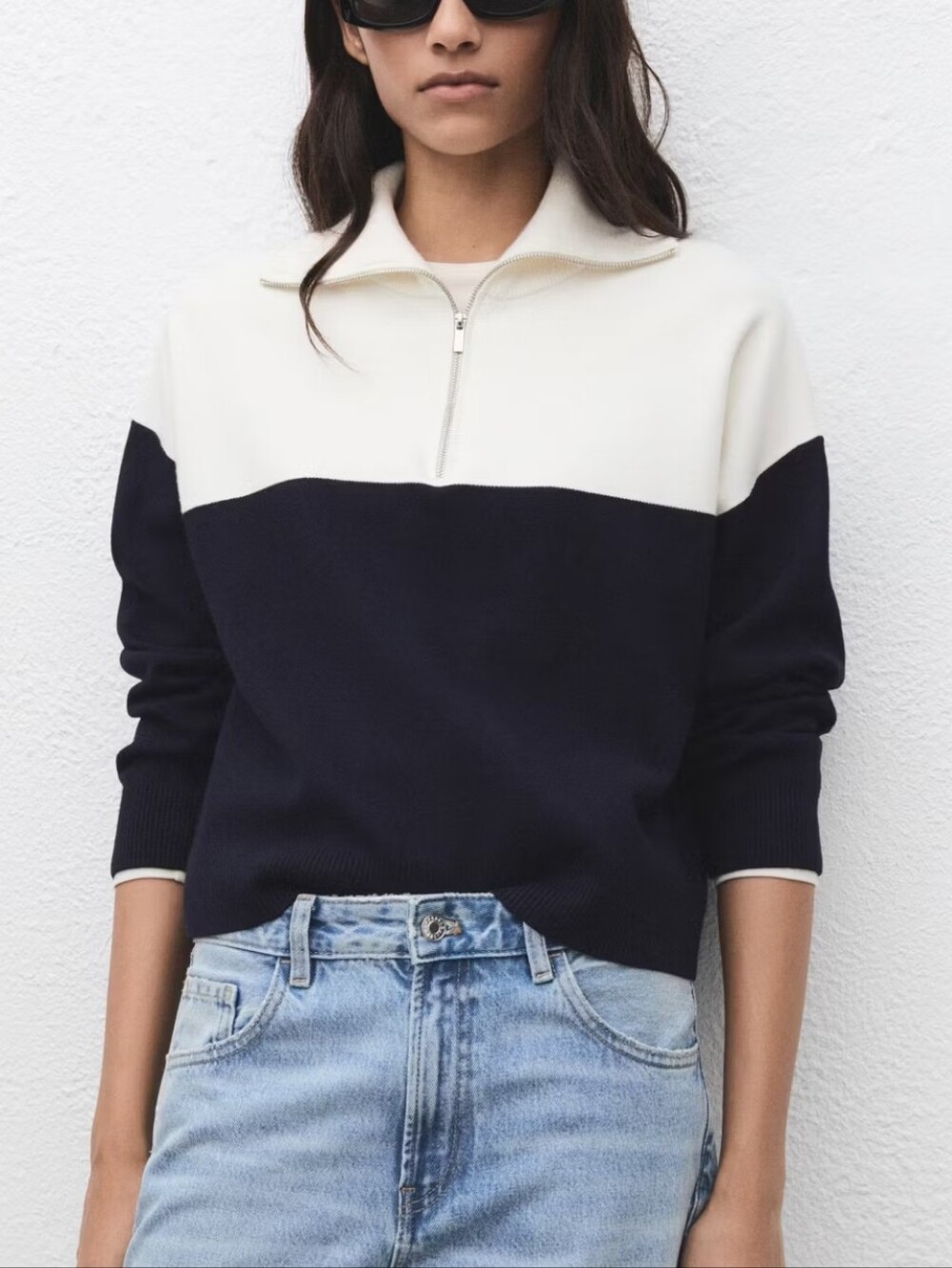 Mango Bicolour High Collar Funnel 3/4 Zip Pullover Longsleeves Sweater Preppy L
